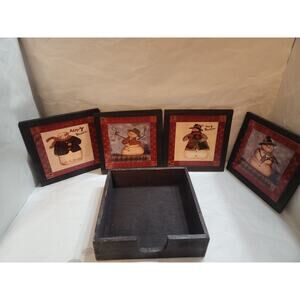 Set of 4 Snowman Trivets Wood Framed Tile 7”x 7” Winter Christmas w/ Wood holder